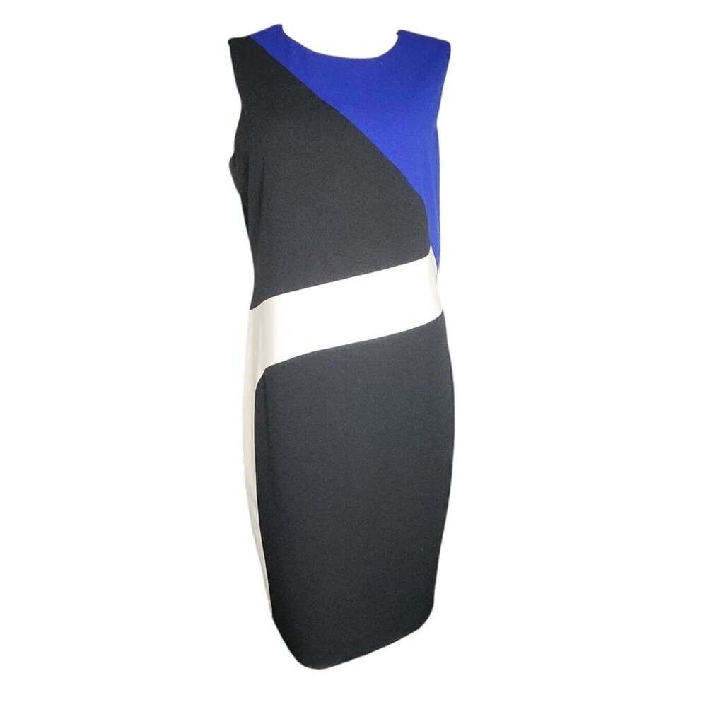 CALVIN‎ KLEIN Blue White Black Colorblock Zip Up Pencil Dress Womens Size 12